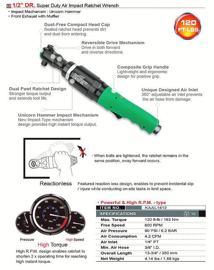 Пневмотрещетка 1/2" TOPTUL 163N/m 600об/мин KAAL1612