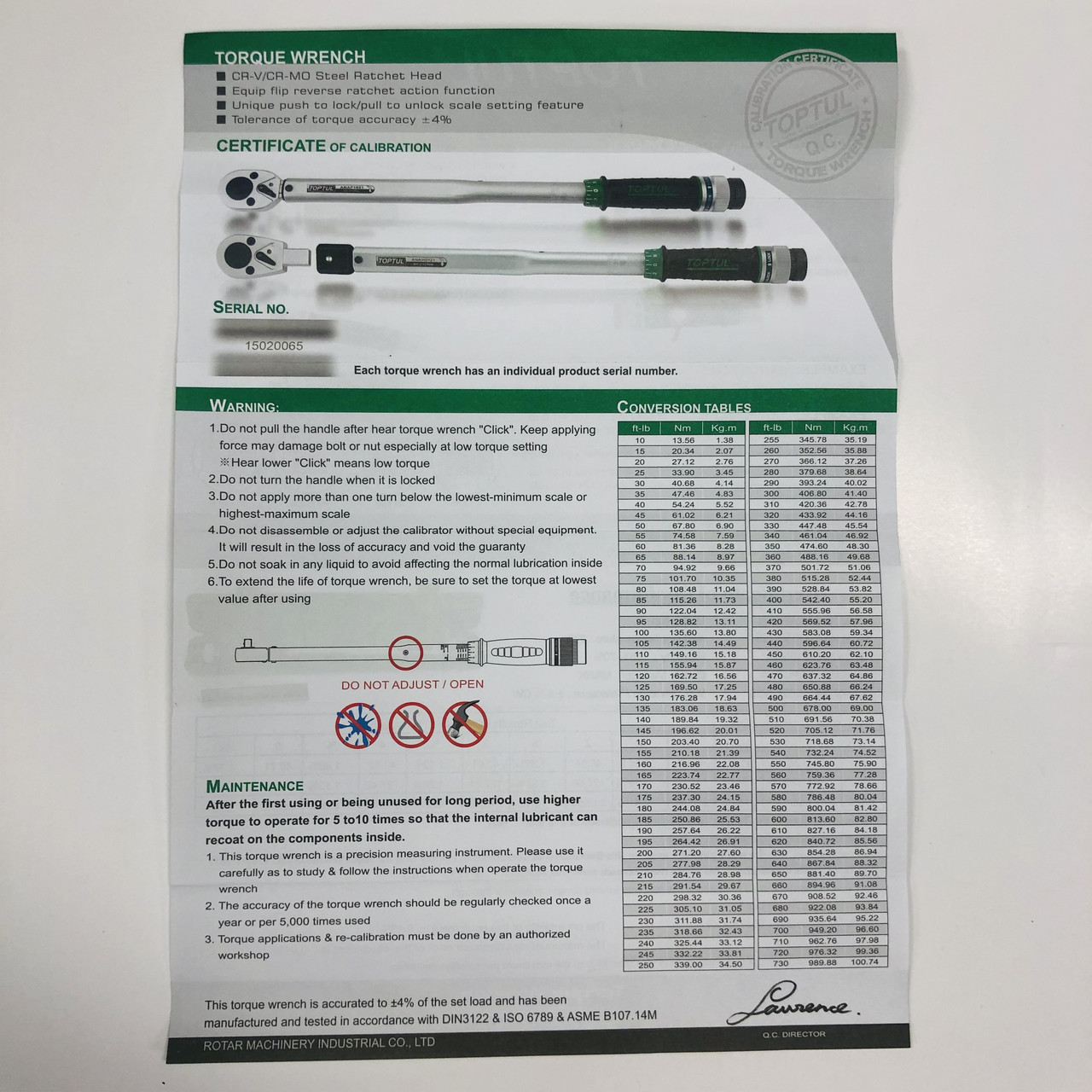 Динамометрический ключ 1/2" TOPTUL 535mm 40-210Nm ANAF1621